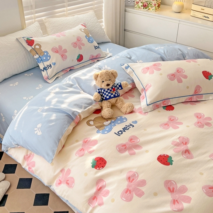 91家纺网 家纺一手货源 找家纺 乐童家纺 2024新款网红直播爆款吊边＋一字绣工艺款四件套-第四波 可爱小熊