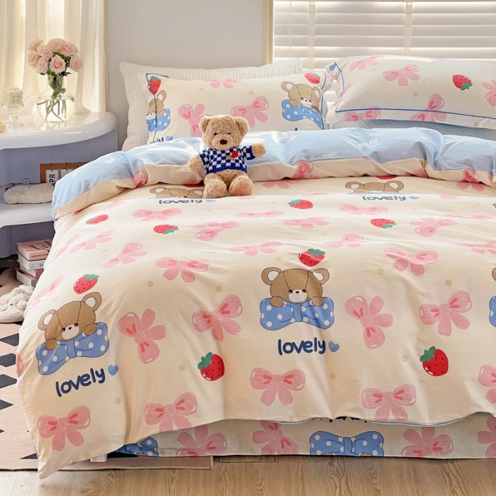 91家纺网 家纺一手货源 找家纺 乐童家纺 2024新款网红直播爆款吊边＋一字绣工艺款四件套-第四波 可爱小熊