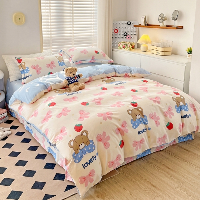 91家纺网 家纺一手货源 找家纺 乐童家纺 2024新款网红直播爆款吊边＋一字绣工艺款四件套-第四波 可爱小熊