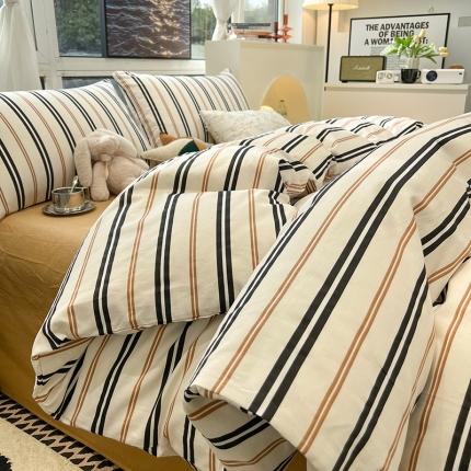 91家纺网 家纺一手货源 找家纺 HL原创 2023新款13070全棉40支简约系列全棉四件套 幸运条纹-橘