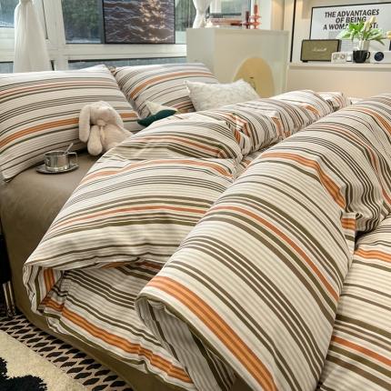 91家纺网 家纺一手货源 找家纺 HL原创 2023新款13070全棉40支简约系列全棉四件套 幸运条纹-咖