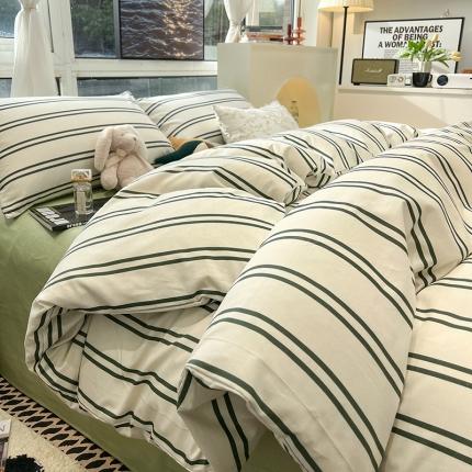 91家纺网 家纺一手货源 找家纺 HL原创 2023新款13070全棉40支简约系列全棉四件套 幸运条纹-绿