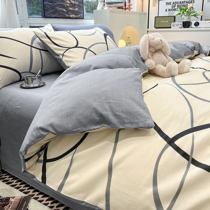 91家纺网 家纺一手货源 找家纺 HL原创 2023新款13070全棉40支简约系列全棉四件套 自由线条