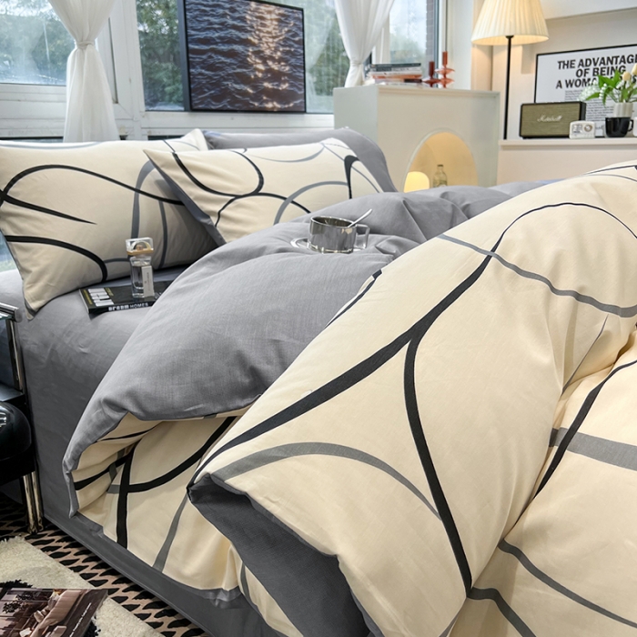 91家纺网 家纺一手货源 找家纺 HL原创 2023新款13070全棉40支简约系列全棉四件套 自由线条