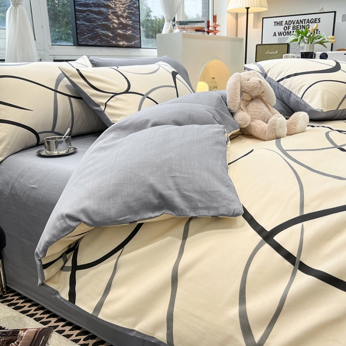 91家纺网 家纺一手货源 找家纺 HL原创 2023新款13070全棉40支简约系列全棉四件套 自由线条