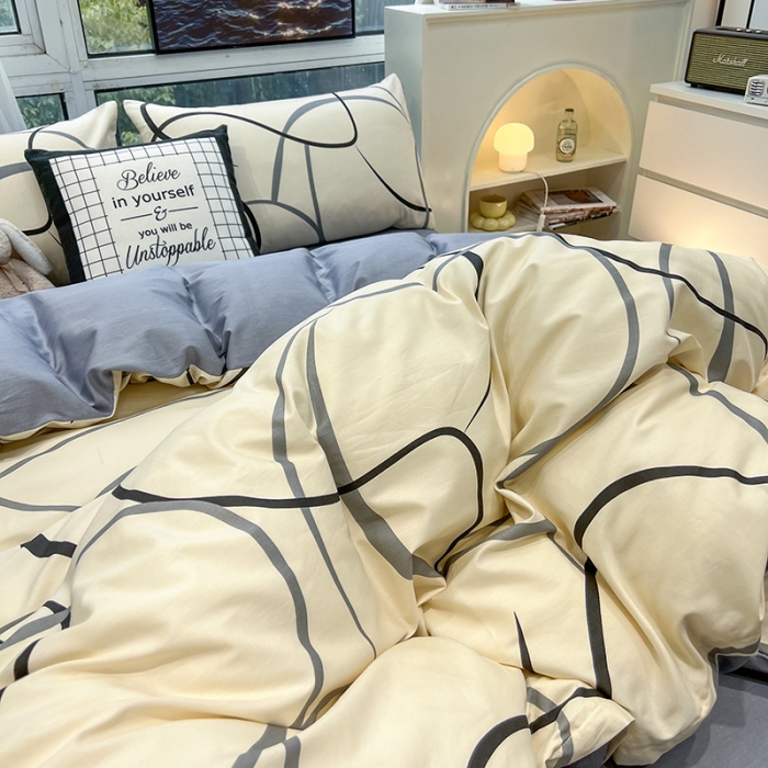 91家纺网 家纺一手货源 找家纺 HL原创 2023新款13070全棉40支简约系列全棉四件套 自由线条