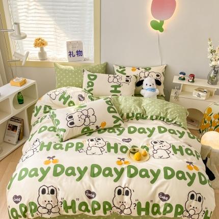 91家纺网 家纺一手货源 找家纺 金丝鸟家纺 2023新款舒适柔软双版全棉斜纹四季可用四件套 波点快乐汪