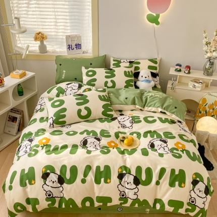 91家纺网 家纺一手货源 找家纺 金丝鸟家纺 2023新款舒适柔软双版全棉斜纹四季可用四件套 乐乐狗