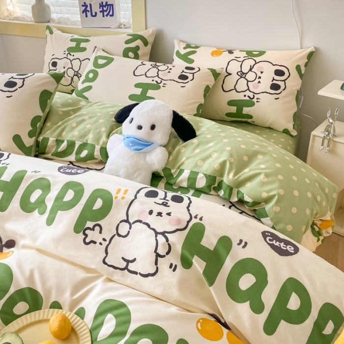 91家纺网 家纺一手货源 找家纺 金丝鸟家纺 2023新款舒适柔软双版全棉斜纹四季可用四件套 波点快乐汪