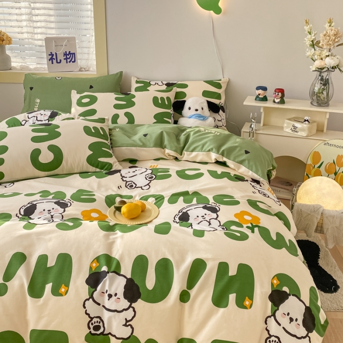 91家纺网 家纺一手货源 找家纺 金丝鸟家纺 2023新款舒适柔软双版全棉斜纹四季可用四件套 乐乐狗