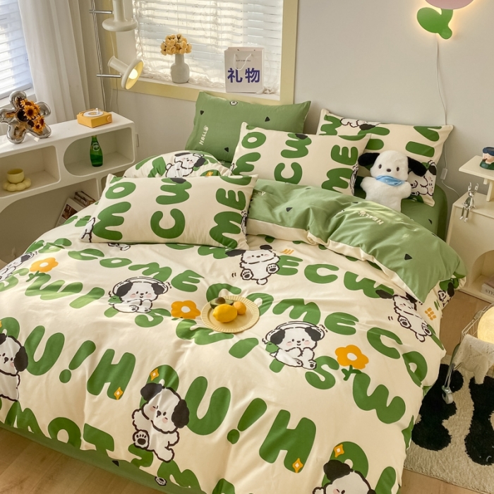 91家纺网 家纺一手货源 找家纺 金丝鸟家纺 2023新款舒适柔软双版全棉斜纹四季可用四件套 乐乐狗