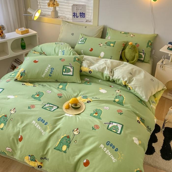 91家纺网 家纺一手货源 找家纺 金丝鸟家纺 2023新款舒适柔软双版全棉斜纹四季可用四件套 汽车恐龙园