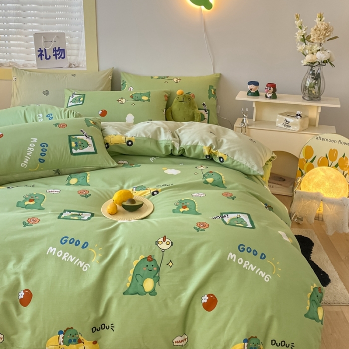 91家纺网 家纺一手货源 找家纺 金丝鸟家纺 2023新款舒适柔软双版全棉斜纹四季可用四件套 汽车恐龙园