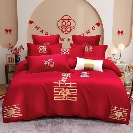 91家纺网 家纺一手货源 找家纺 2025新款亲肤棉刺绣绣花婚庆四件套 双喜临门