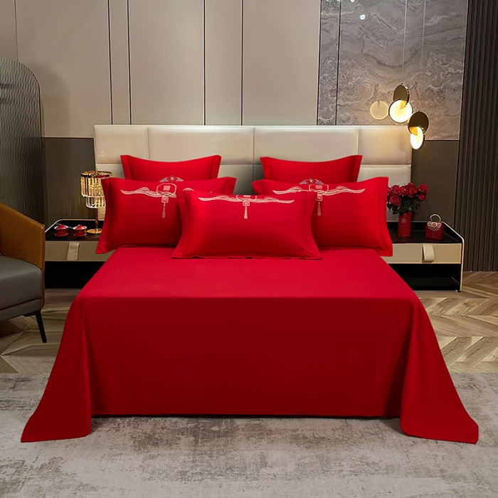 91家纺网 家纺一手货源 找家纺 2025新款亲肤棉刺绣绣花婚庆四件套 龙凤双美