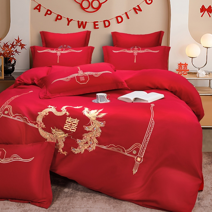 91家纺网 家纺一手货源 找家纺 2025新款亲肤棉刺绣绣花婚庆四件套 龙凤双美