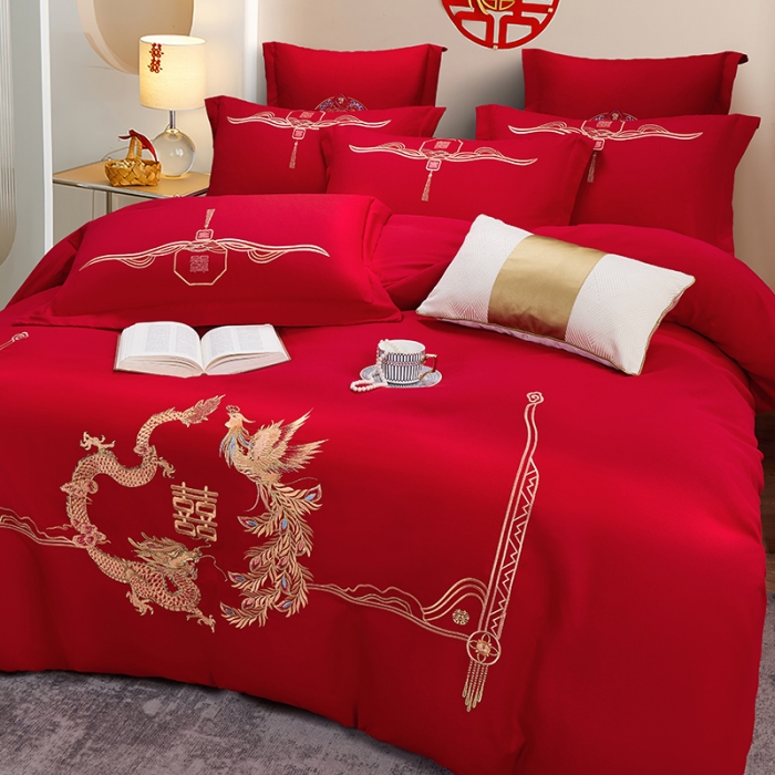 91家纺网 家纺一手货源 找家纺 2025新款亲肤棉刺绣绣花婚庆四件套 龙凤双美