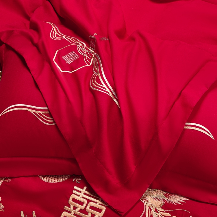 91家纺网 家纺一手货源 找家纺 2025新款亲肤棉刺绣绣花婚庆四件套 龙凤双美