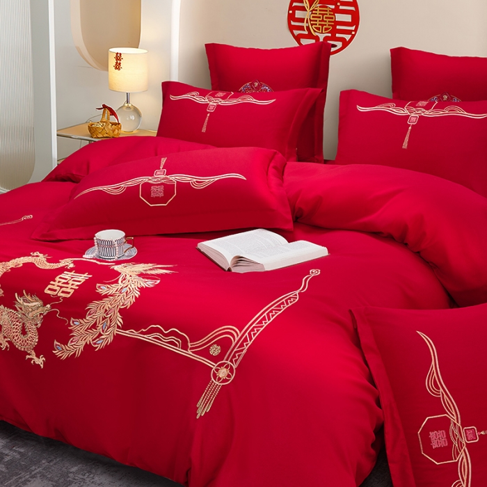 91家纺网 家纺一手货源 找家纺 2025新款亲肤棉刺绣绣花婚庆四件套 龙凤双美