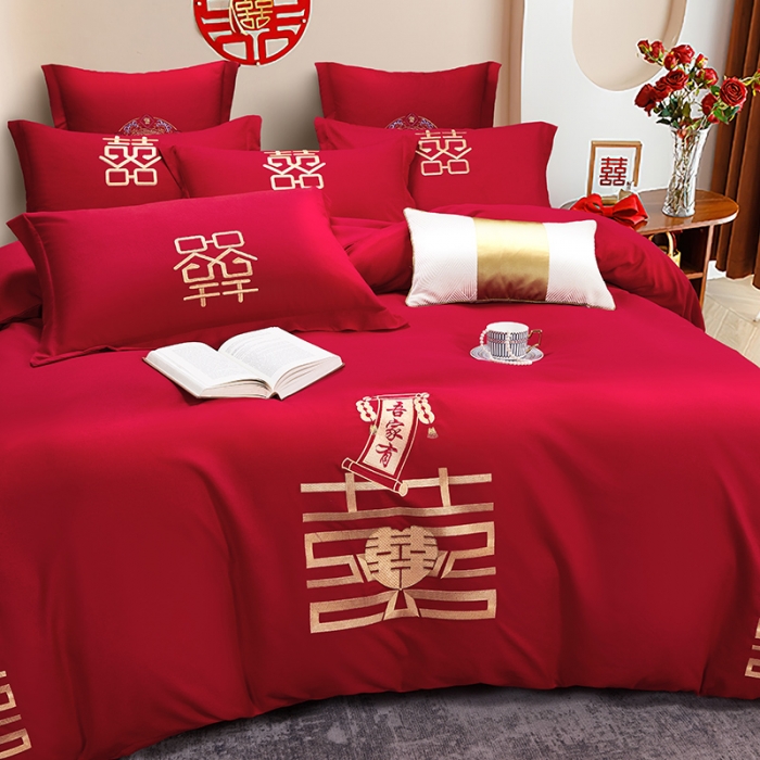 91家纺网 家纺一手货源 找家纺 2025新款亲肤棉刺绣绣花婚庆四件套 双喜临门