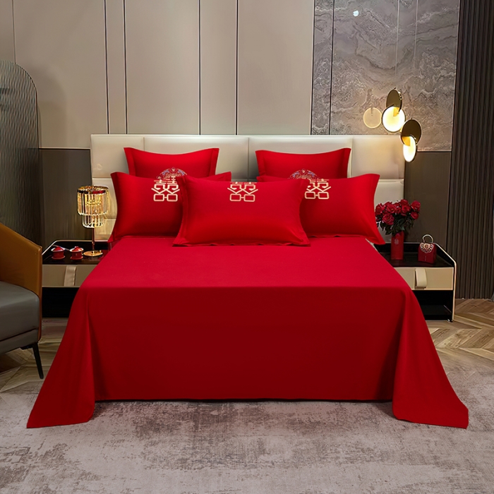 91家纺网 家纺一手货源 找家纺 2025新款亲肤棉刺绣绣花婚庆四件套 双喜临门