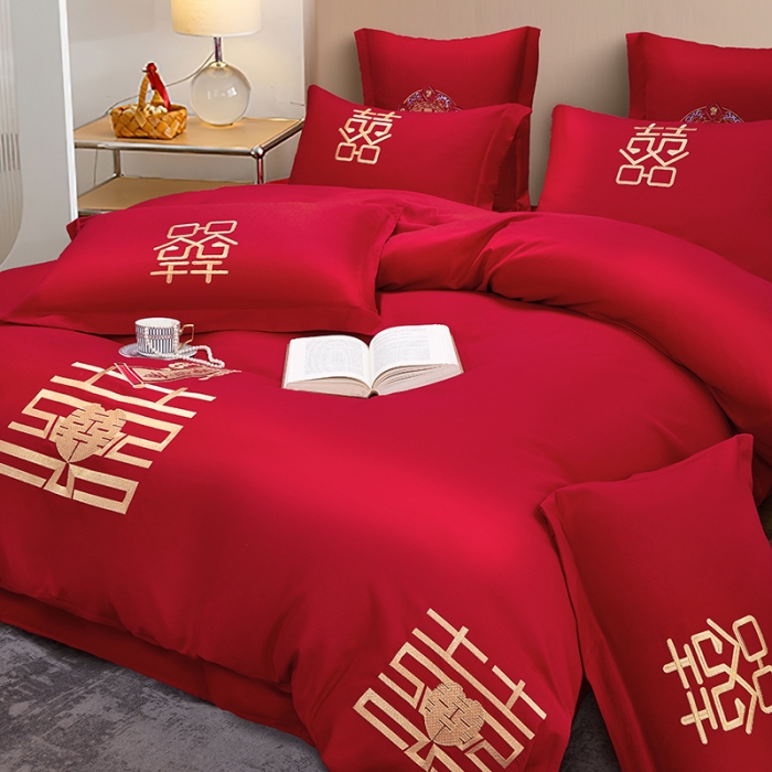 91家纺网 家纺一手货源 找家纺 2025新款亲肤棉刺绣绣花婚庆四件套 双喜临门