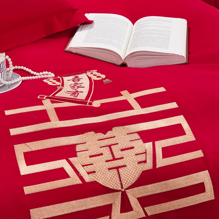 91家纺网 家纺一手货源 找家纺 2025新款亲肤棉刺绣绣花婚庆四件套 双喜临门