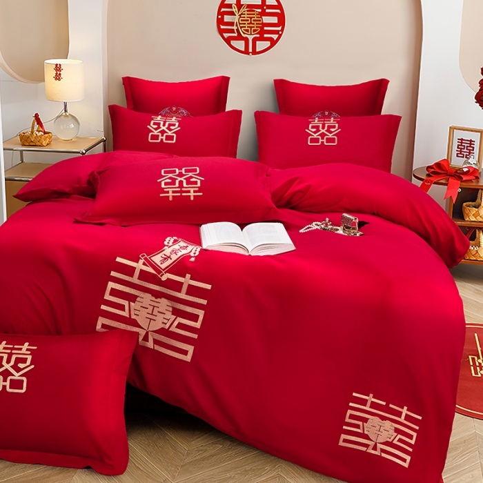 91家纺网 家纺一手货源 找家纺 2025新款亲肤棉刺绣绣花婚庆四件套 双喜临门