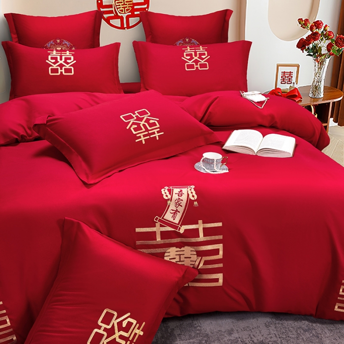 91家纺网 家纺一手货源 找家纺 2025新款亲肤棉刺绣绣花婚庆四件套 双喜临门