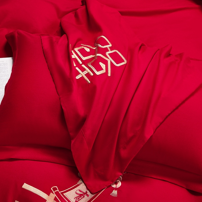 91家纺网 家纺一手货源 找家纺 2025新款亲肤棉刺绣绣花婚庆四件套 双喜临门