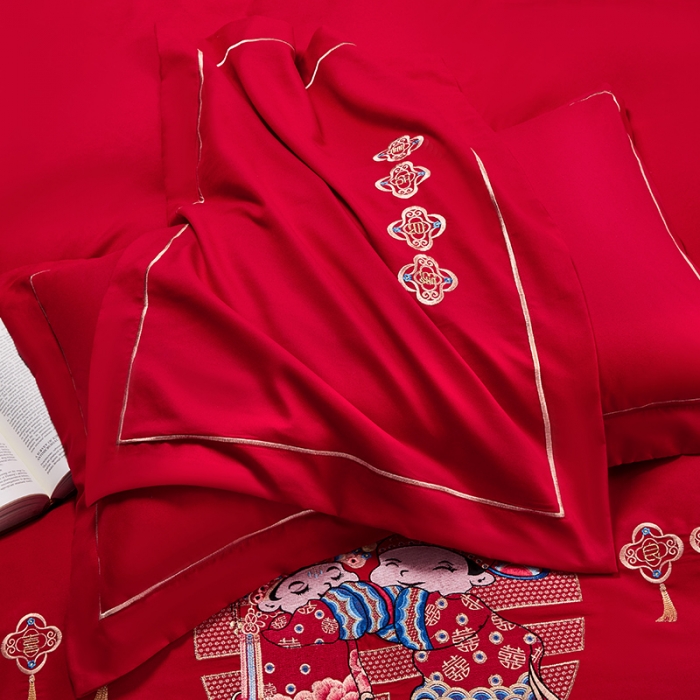 91家纺网 家纺一手货源 找家纺 2025新款亲肤棉刺绣绣花婚庆四件套 喜结良缘