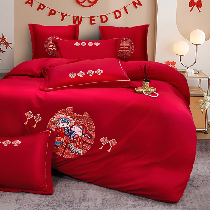 91家纺网 家纺一手货源 找家纺 2025新款亲肤棉刺绣绣花婚庆四件套 喜结良缘