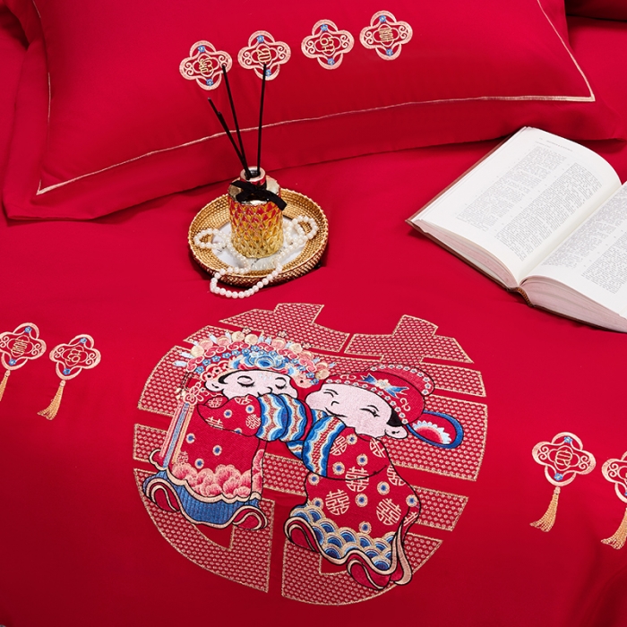 91家纺网 家纺一手货源 找家纺 2025新款亲肤棉刺绣绣花婚庆四件套 喜结良缘