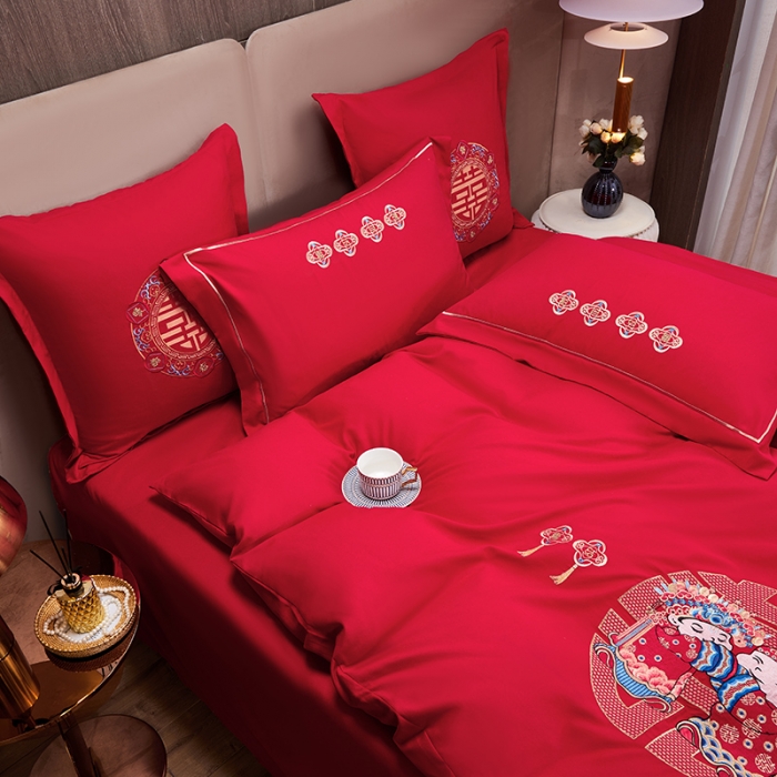 91家纺网 家纺一手货源 找家纺 2025新款亲肤棉刺绣绣花婚庆四件套 喜结良缘