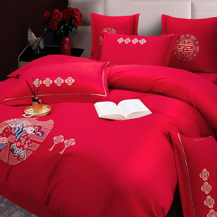 91家纺网 家纺一手货源 找家纺 2025新款亲肤棉刺绣绣花婚庆四件套 喜结良缘