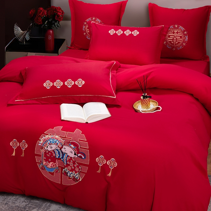 91家纺网 家纺一手货源 找家纺 2025新款亲肤棉刺绣绣花婚庆四件套 喜结良缘