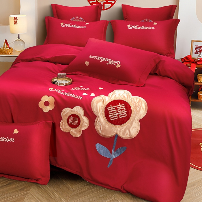 91家纺网 家纺一手货源 找家纺 2025新款亲肤棉刺绣绣花婚庆四件套 喜乐