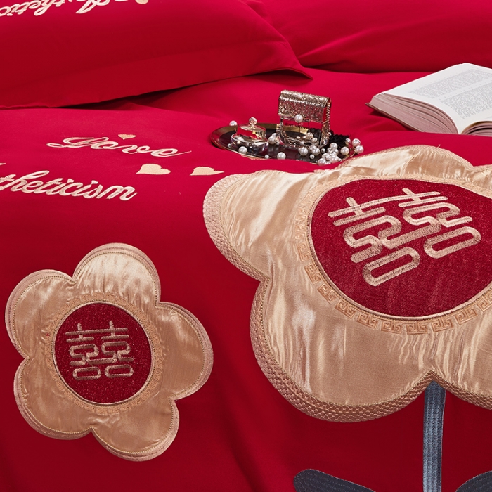 91家纺网 家纺一手货源 找家纺 2025新款亲肤棉刺绣绣花婚庆四件套 喜乐