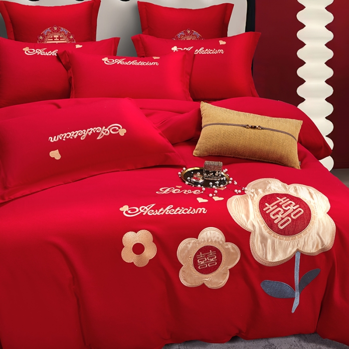 91家纺网 家纺一手货源 找家纺 2025新款亲肤棉刺绣绣花婚庆四件套 喜乐