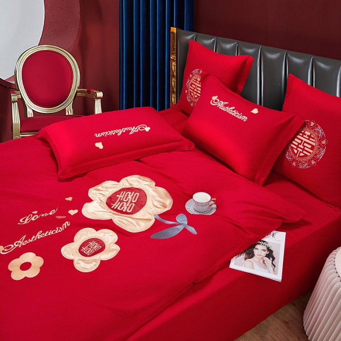 91家纺网 家纺一手货源 找家纺 2025新款亲肤棉刺绣绣花婚庆四件套 喜乐