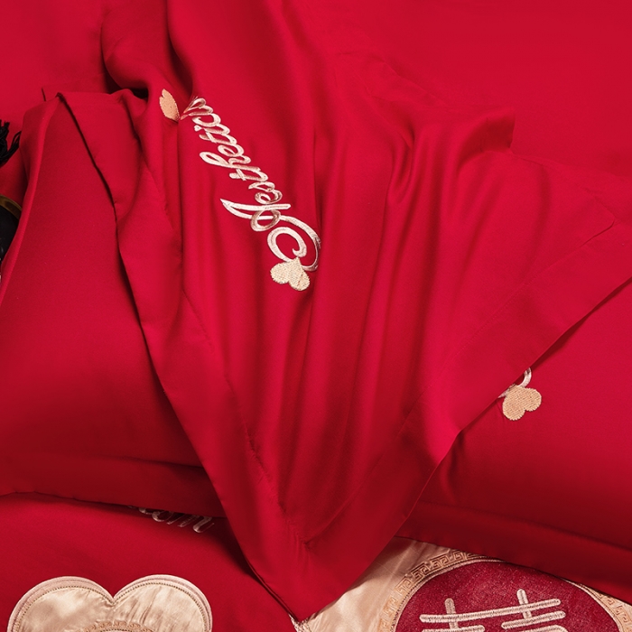 91家纺网 家纺一手货源 找家纺 2025新款亲肤棉刺绣绣花婚庆四件套 喜乐