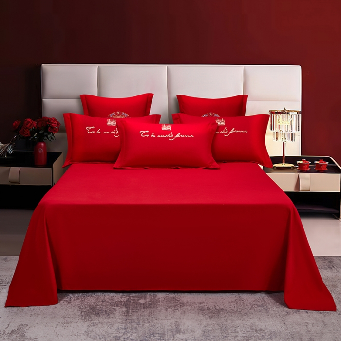 91家纺网 家纺一手货源 找家纺 2025新款亲肤棉刺绣绣花婚庆四件套 幸福婚约