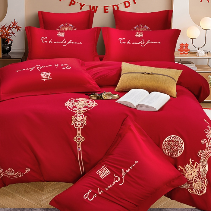 91家纺网 家纺一手货源 找家纺 2025新款亲肤棉刺绣绣花婚庆四件套 幸福婚约