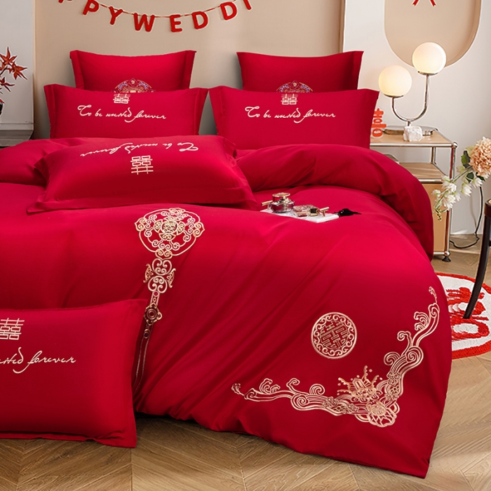 91家纺网 家纺一手货源 找家纺 2025新款亲肤棉刺绣绣花婚庆四件套 幸福婚约