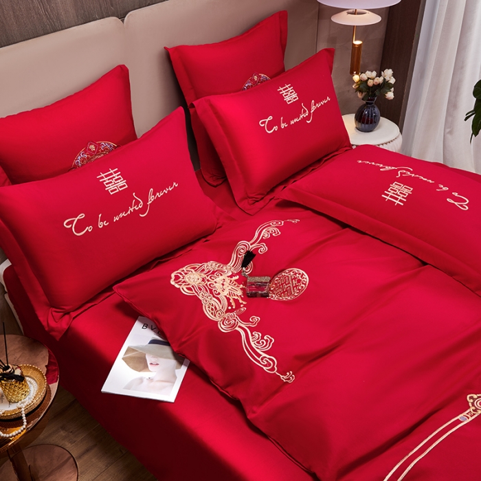 91家纺网 家纺一手货源 找家纺 2025新款亲肤棉刺绣绣花婚庆四件套 幸福婚约