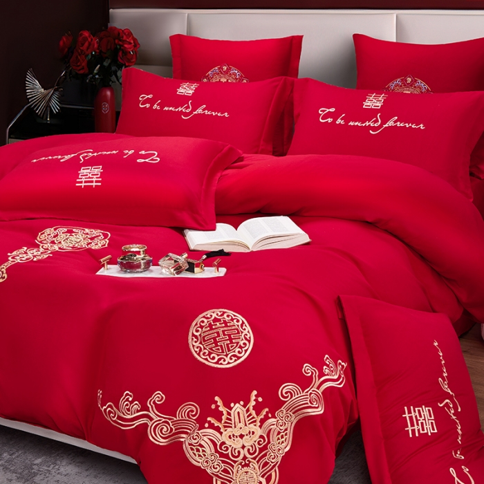 91家纺网 家纺一手货源 找家纺 2025新款亲肤棉刺绣绣花婚庆四件套 幸福婚约