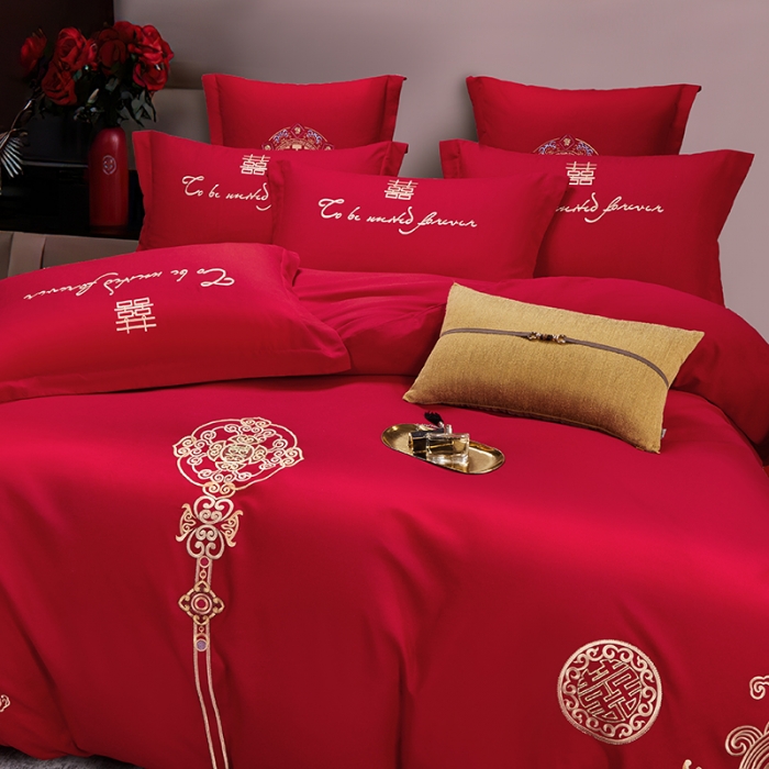 91家纺网 家纺一手货源 找家纺 2025新款亲肤棉刺绣绣花婚庆四件套 幸福婚约