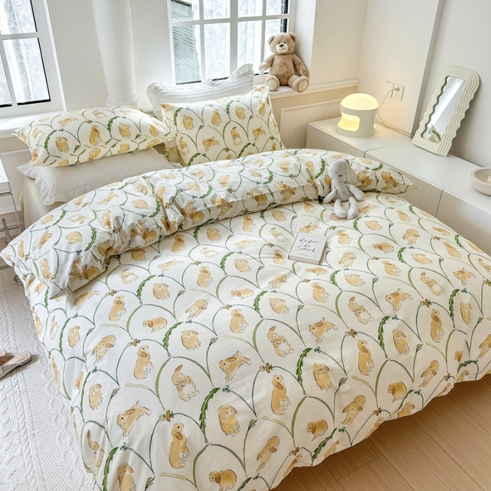 91家纺网 家纺一手货源 找家纺 柚子 2023新款13372精梳棉浪漫系列四件套 麦穗兔