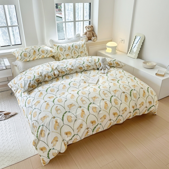 91家纺网 家纺一手货源 找家纺 柚子 2023新款13372精梳棉浪漫系列四件套 麦穗兔