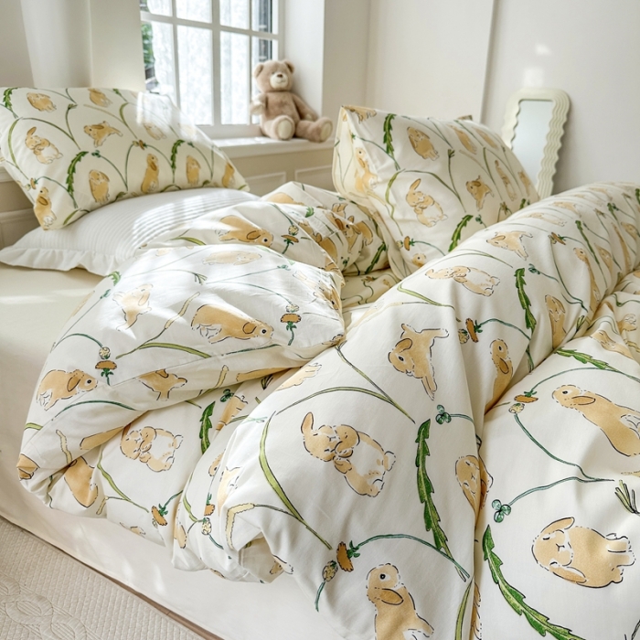 91家纺网 家纺一手货源 找家纺 柚子 2023新款13372精梳棉浪漫系列四件套 麦穗兔